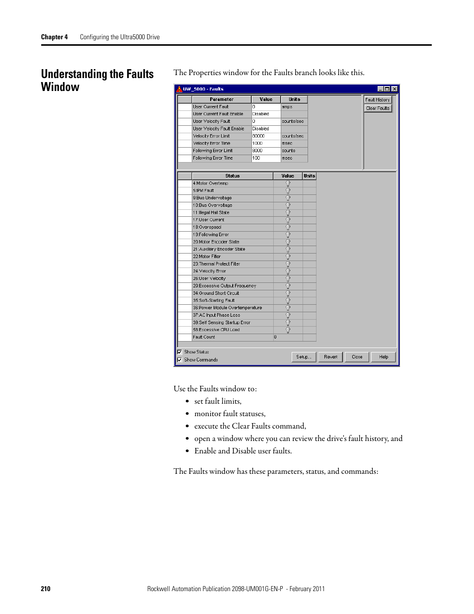 Understanding the faults window | Rockwell Automation 2098-UWCPRG Ultraware Software User Manual User Manual | Page 208 / 354