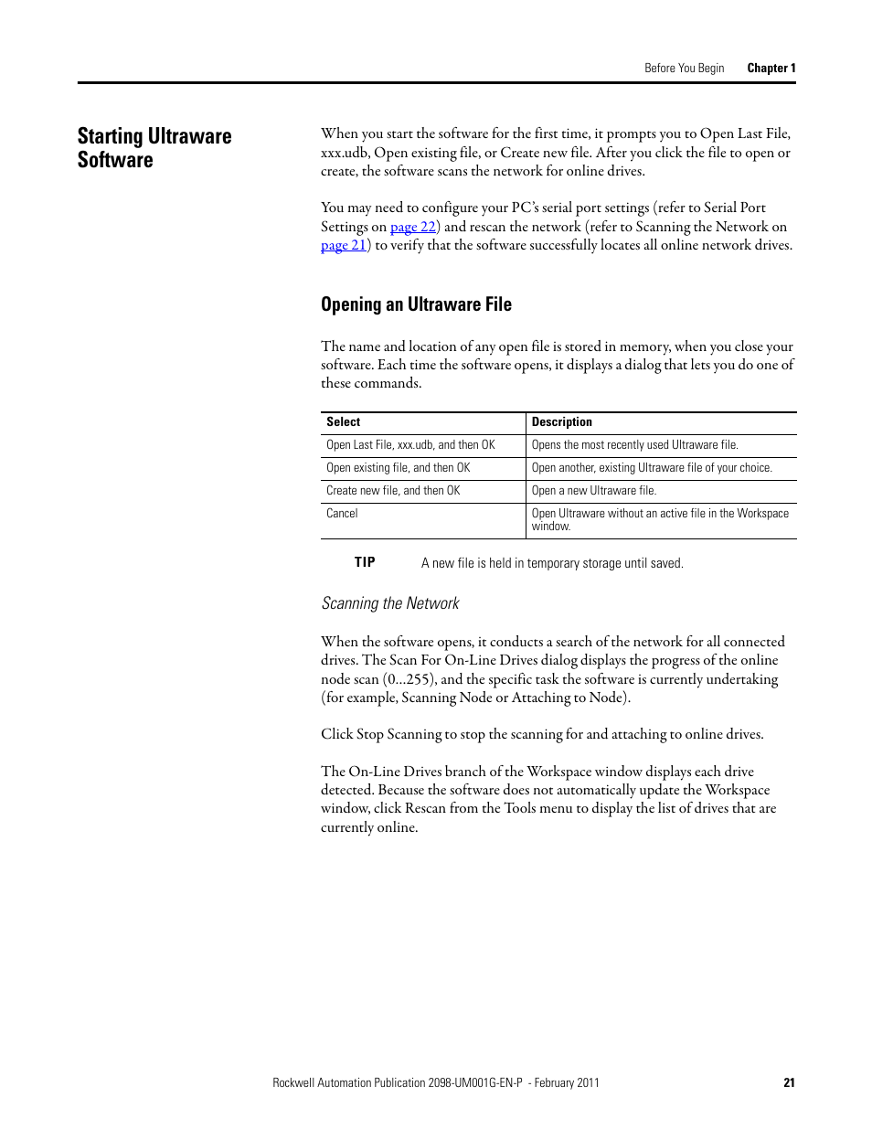 Starting ultraware software, Opening an ultraware file, Scanning the network | Starting ultraware, Software | Rockwell Automation 2098-UWCPRG Ultraware Software User Manual User Manual | Page 21 / 354