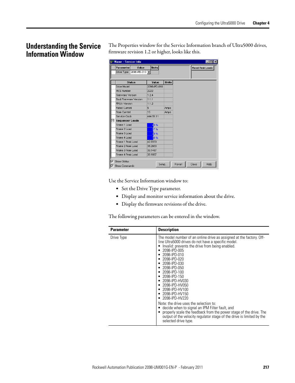 Understanding the service information window | Rockwell Automation 2098-UWCPRG Ultraware Software User Manual User Manual | Page 215 / 354