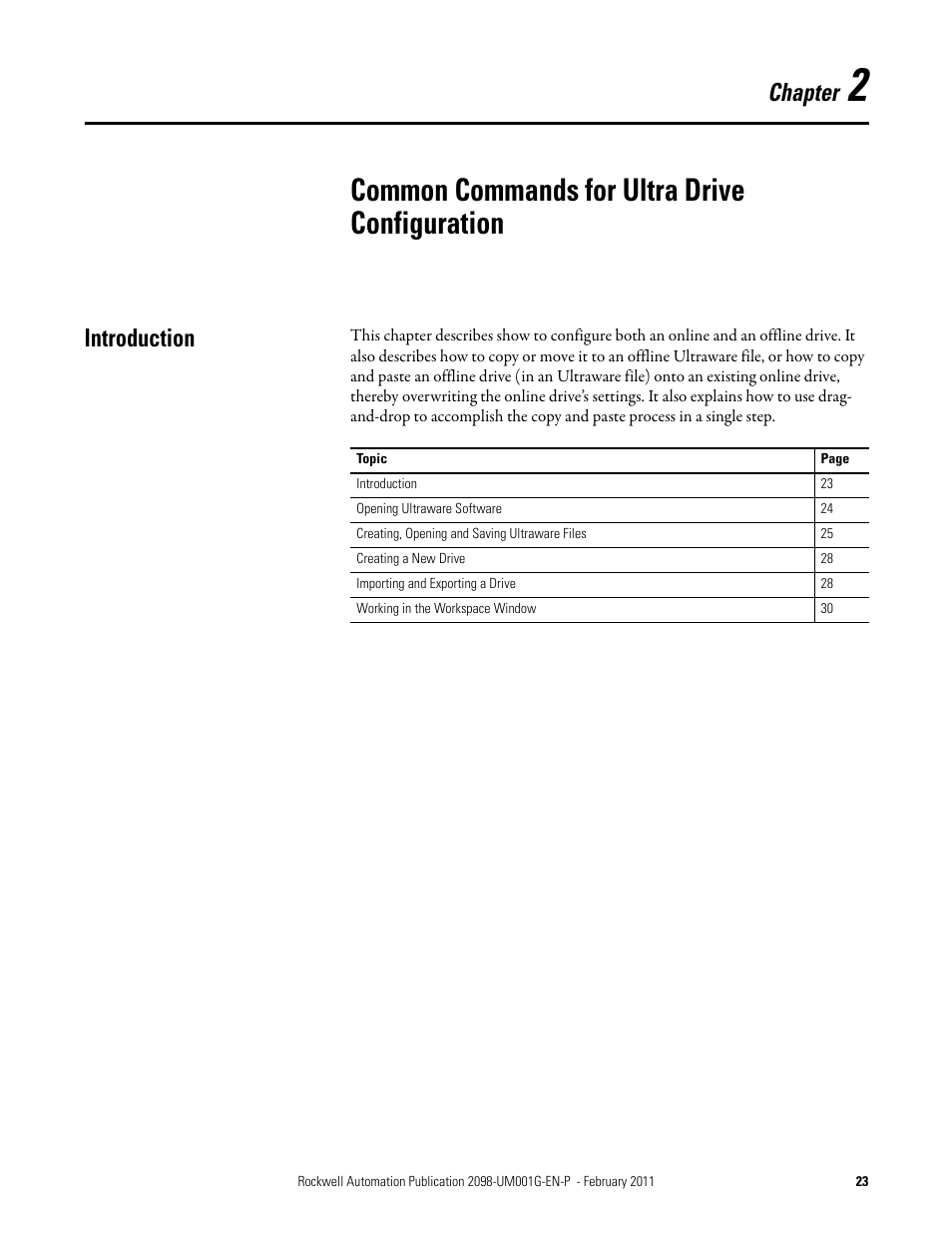 2 - common commands for ultra drive configuration, Introduction, Chapter 2 | Common commands for ultra drive configuration, Chapter | Rockwell Automation 2098-UWCPRG Ultraware Software User Manual User Manual | Page 23 / 354