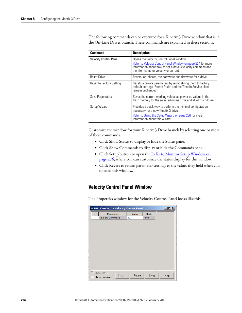 Velocity control panel window | Rockwell Automation 2098-UWCPRG Ultraware Software User Manual User Manual | Page 232 / 354