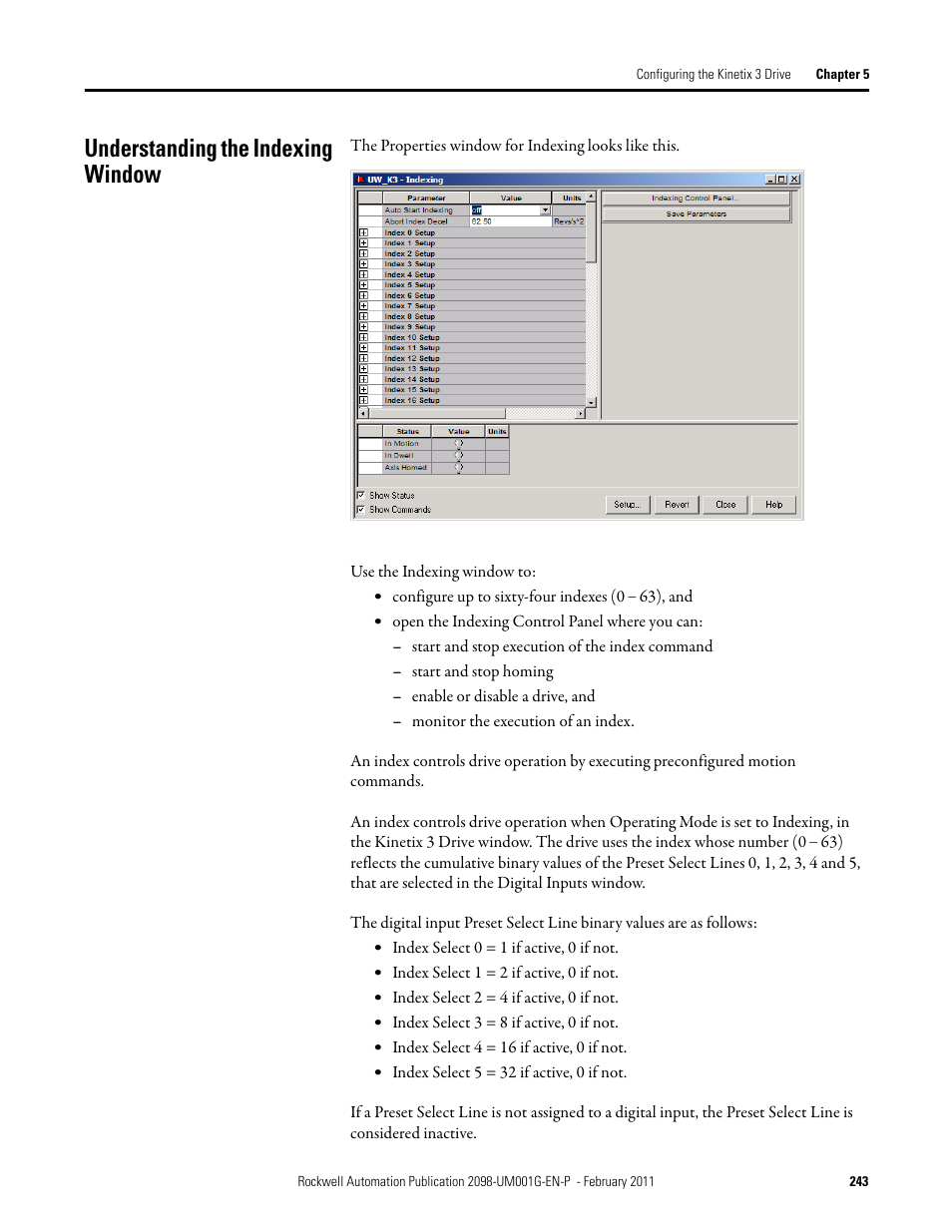 Understanding the indexing window | Rockwell Automation 2098-UWCPRG Ultraware Software User Manual User Manual | Page 241 / 354