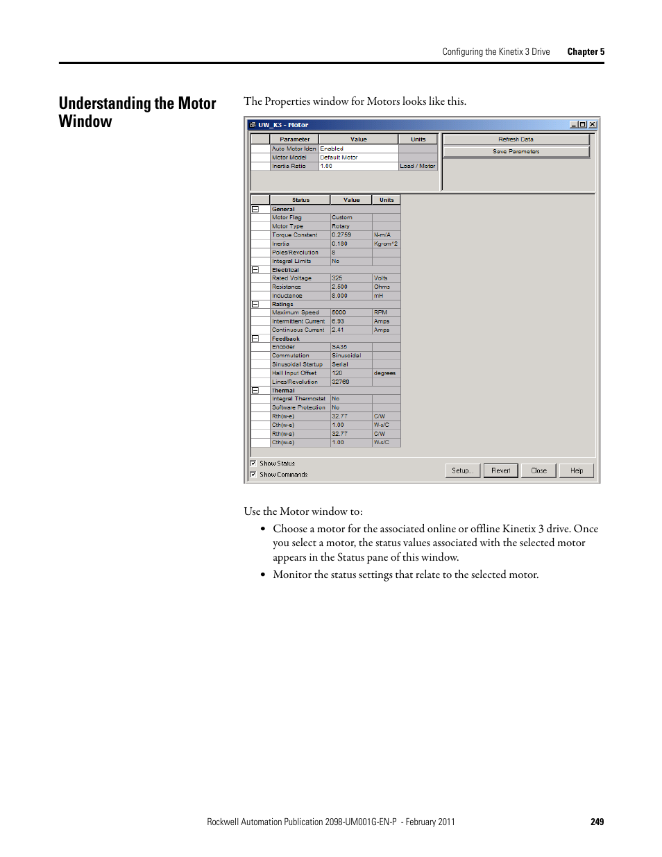 Understanding the motor window | Rockwell Automation 2098-UWCPRG Ultraware Software User Manual User Manual | Page 247 / 354