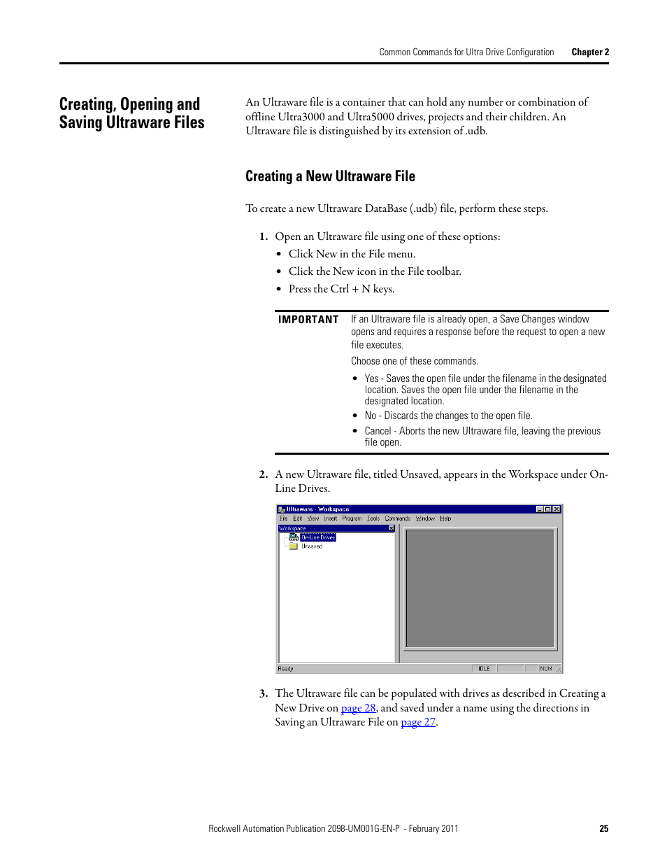 Creating, opening and saving ultraware files, Creating a new ultraware file | Rockwell Automation 2098-UWCPRG Ultraware Software User Manual User Manual | Page 25 / 354