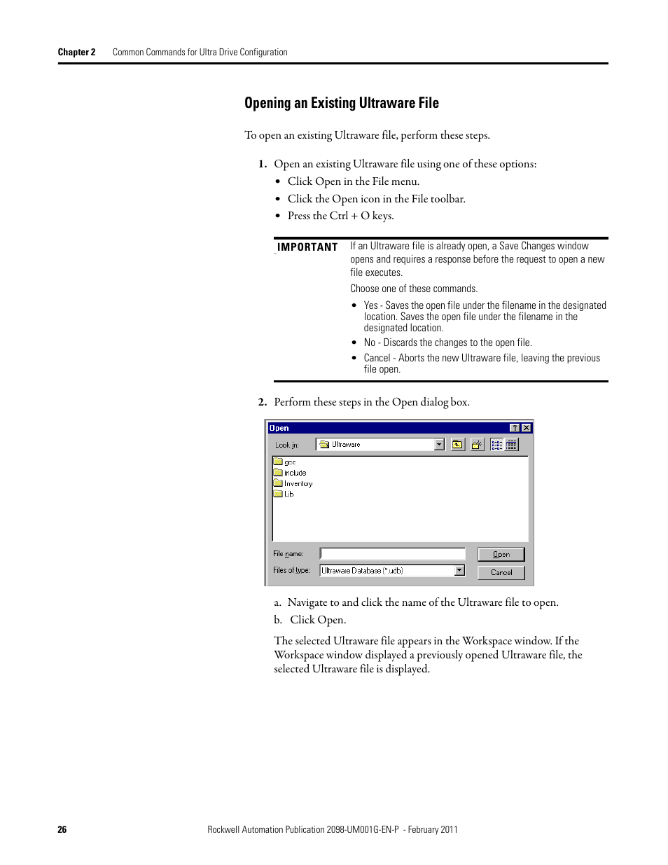 Opening an existing ultraware file | Rockwell Automation 2098-UWCPRG Ultraware Software User Manual User Manual | Page 26 / 354