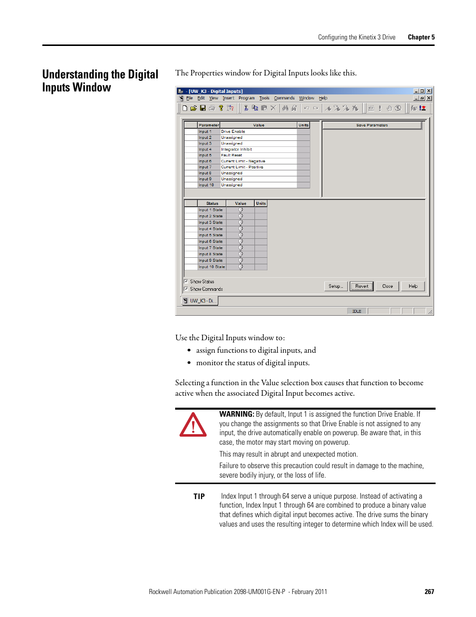 Understanding the digital inputs window | Rockwell Automation 2098-UWCPRG Ultraware Software User Manual User Manual | Page 265 / 354