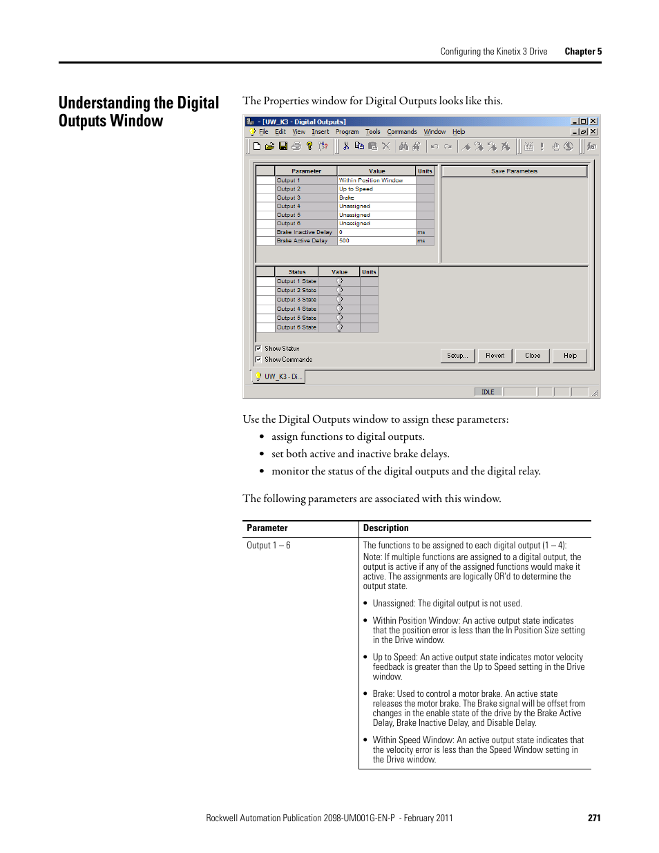 Understanding the digital outputs window | Rockwell Automation 2098-UWCPRG Ultraware Software User Manual User Manual | Page 269 / 354