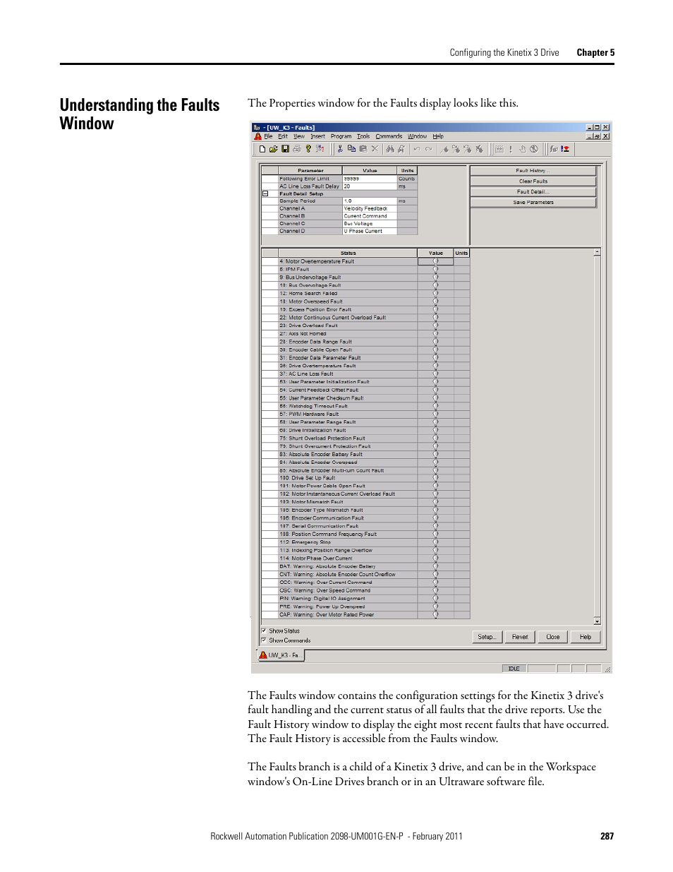 Understanding the faults window | Rockwell Automation 2098-UWCPRG Ultraware Software User Manual User Manual | Page 285 / 354