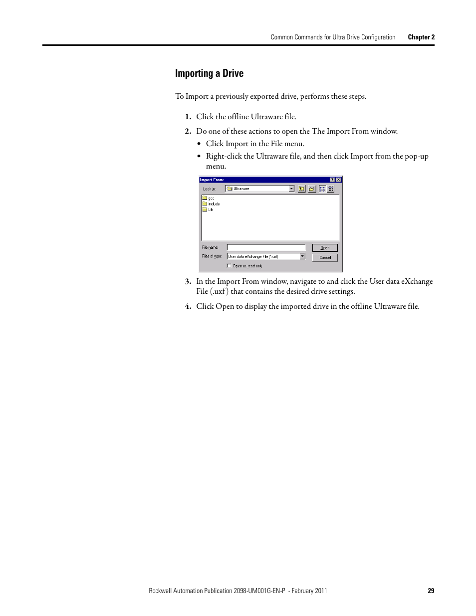 Importing a drive | Rockwell Automation 2098-UWCPRG Ultraware Software User Manual User Manual | Page 29 / 354