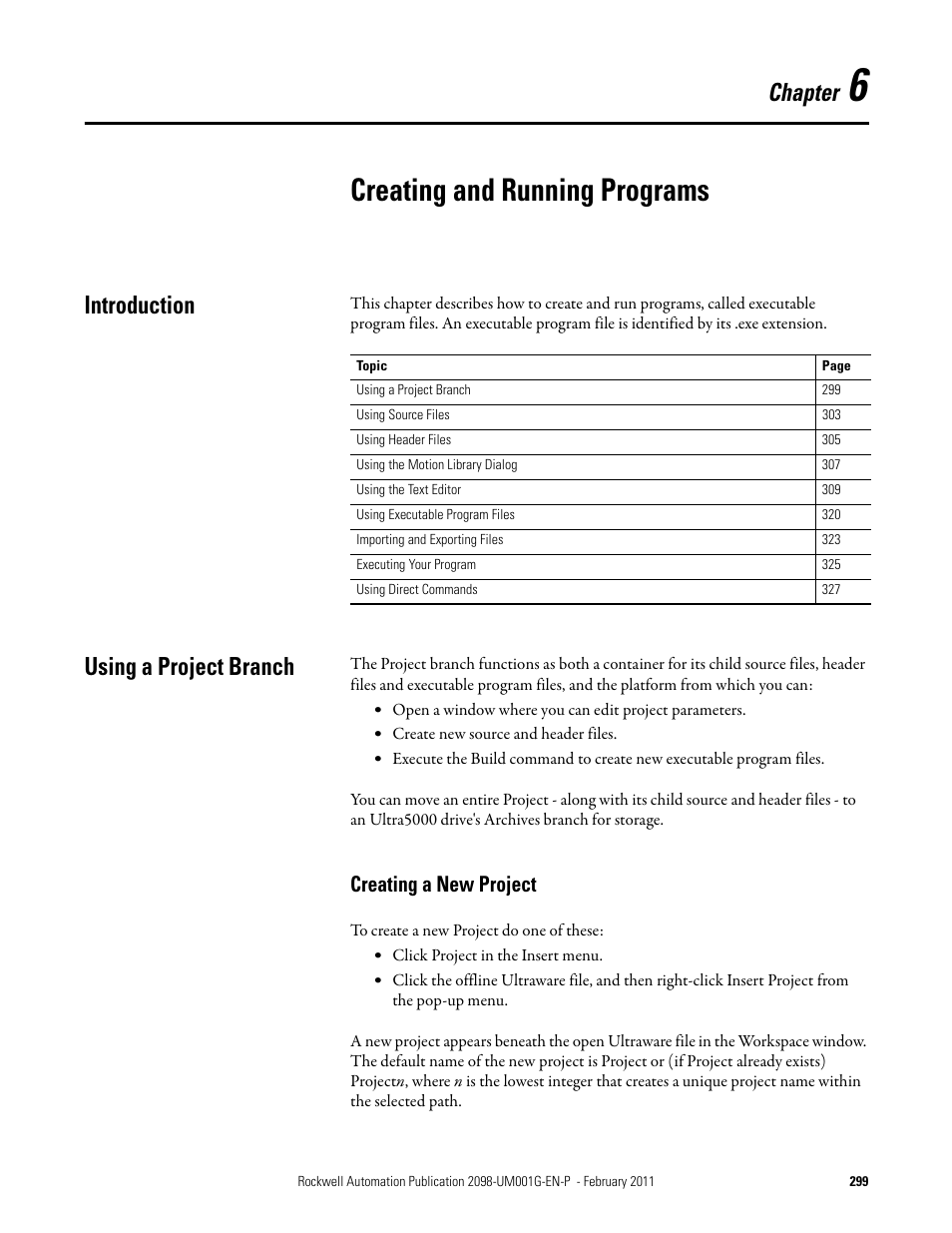 6 - creating and running programs, Introduction, Using a project branch | Creating a new project, Chapter 6, Creating and running programs, Introduction using a project branch, Chapter | Rockwell Automation 2098-UWCPRG Ultraware Software User Manual User Manual | Page 297 / 354