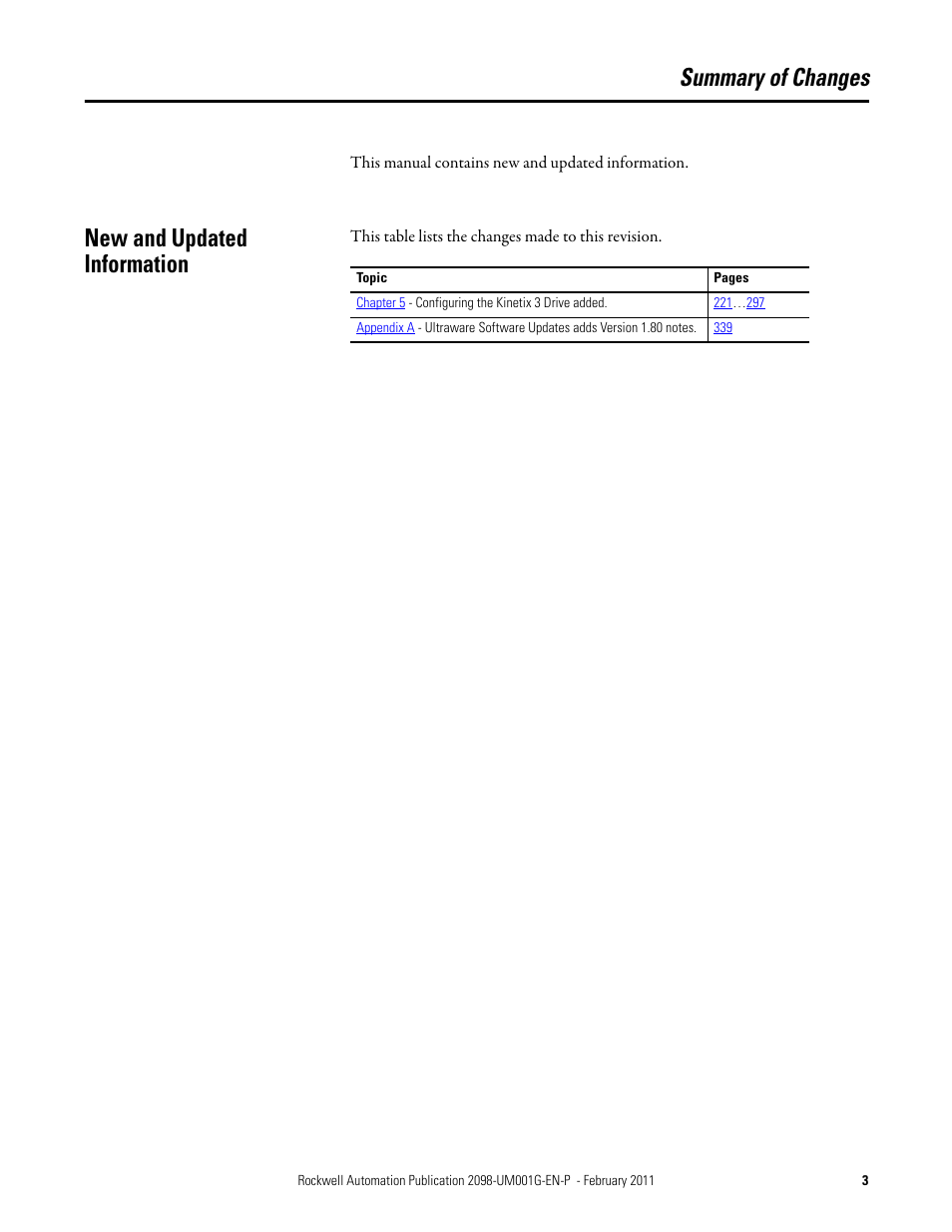 Summary of changes, New and updated information | Rockwell Automation 2098-UWCPRG Ultraware Software User Manual User Manual | Page 3 / 354