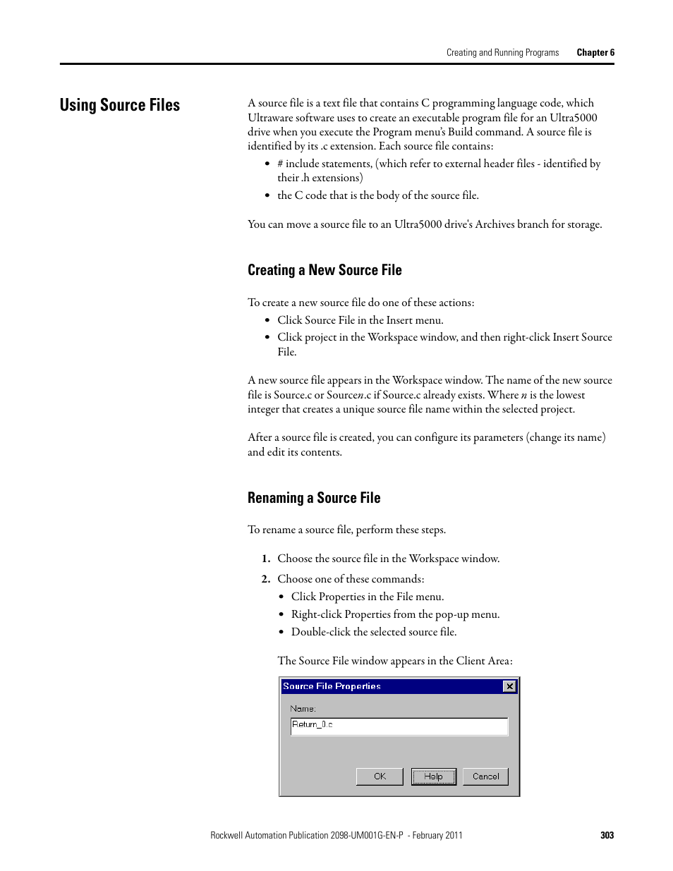 Using source files, Creating a new source file, Renaming a source file | Creating a new source file renaming a source file | Rockwell Automation 2098-UWCPRG Ultraware Software User Manual User Manual | Page 301 / 354