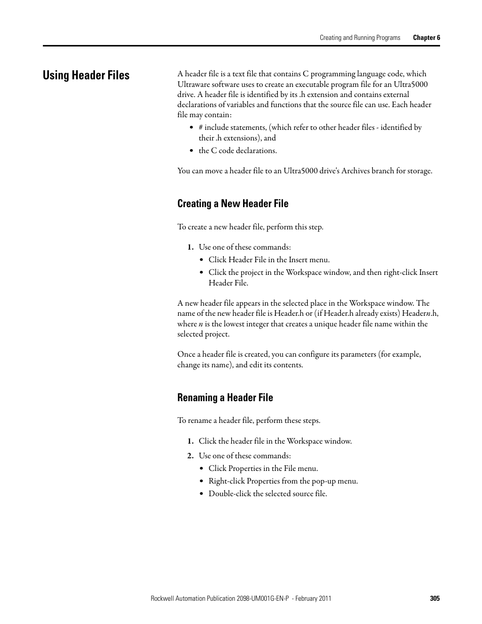 Using header files, Creating a new header file, Renaming a header file | Creating a new header file renaming a header file | Rockwell Automation 2098-UWCPRG Ultraware Software User Manual User Manual | Page 303 / 354