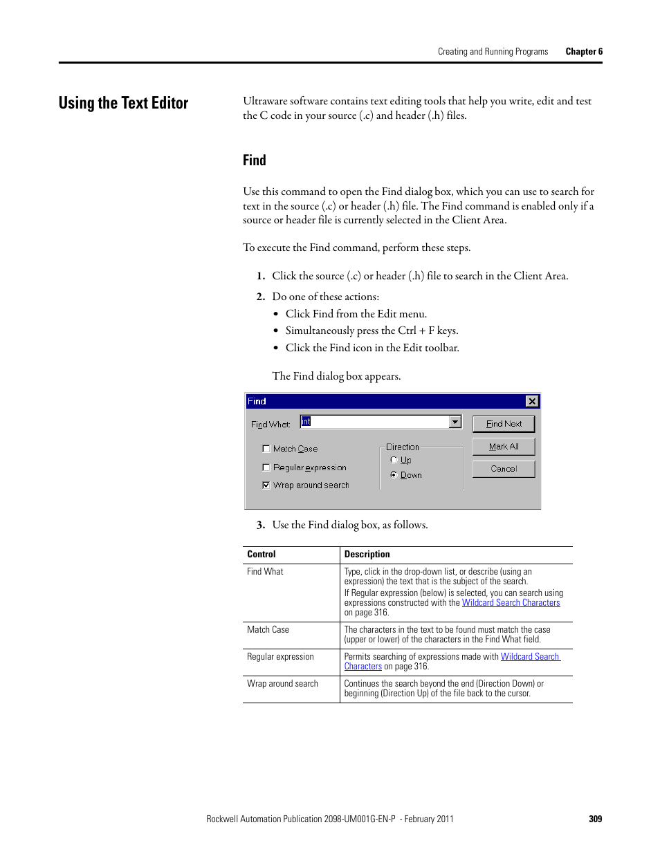 Using the text editor, Find | Rockwell Automation 2098-UWCPRG Ultraware Software User Manual User Manual | Page 307 / 354
