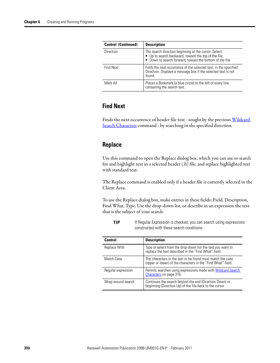 Find next, Replace, Find next replace | Rockwell Automation 2098-UWCPRG Ultraware Software User Manual User Manual | Page 308 / 354