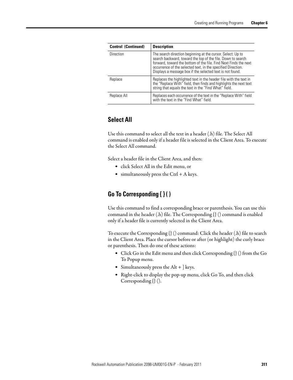 Select all, Go to corresponding { } ( ), Select all go to corresponding { } ( ) | Rockwell Automation 2098-UWCPRG Ultraware Software User Manual User Manual | Page 309 / 354