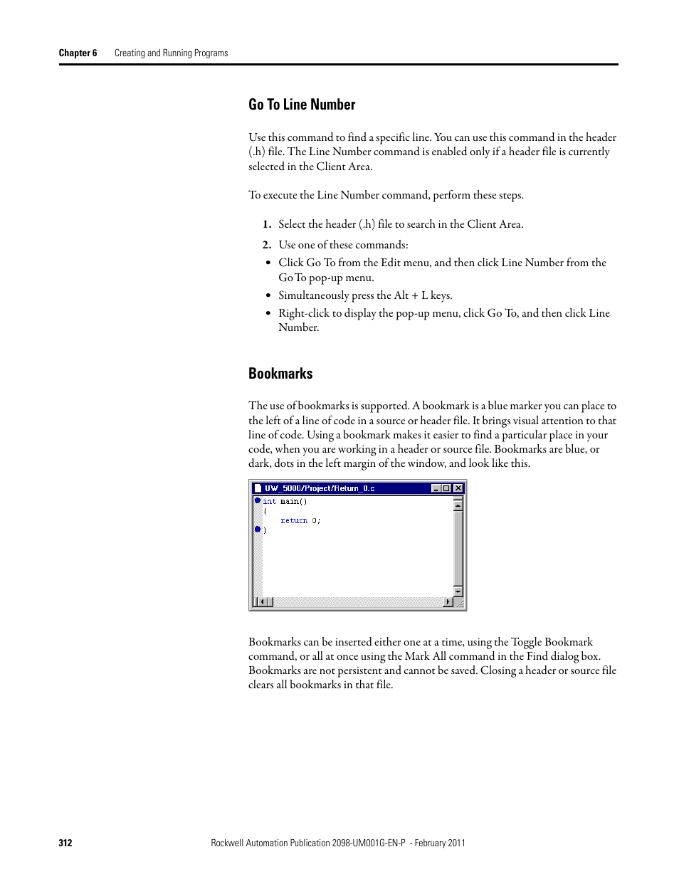 Go to line number, Bookmarks, Go to line number bookmarks | Rockwell Automation 2098-UWCPRG Ultraware Software User Manual User Manual | Page 310 / 354
