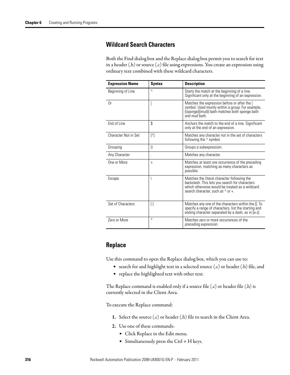 Wildcard search characters, Replace, Wildcard search characters replace | Wildcard search, Characters, Wildcard, Search characters | Rockwell Automation 2098-UWCPRG Ultraware Software User Manual User Manual | Page 314 / 354