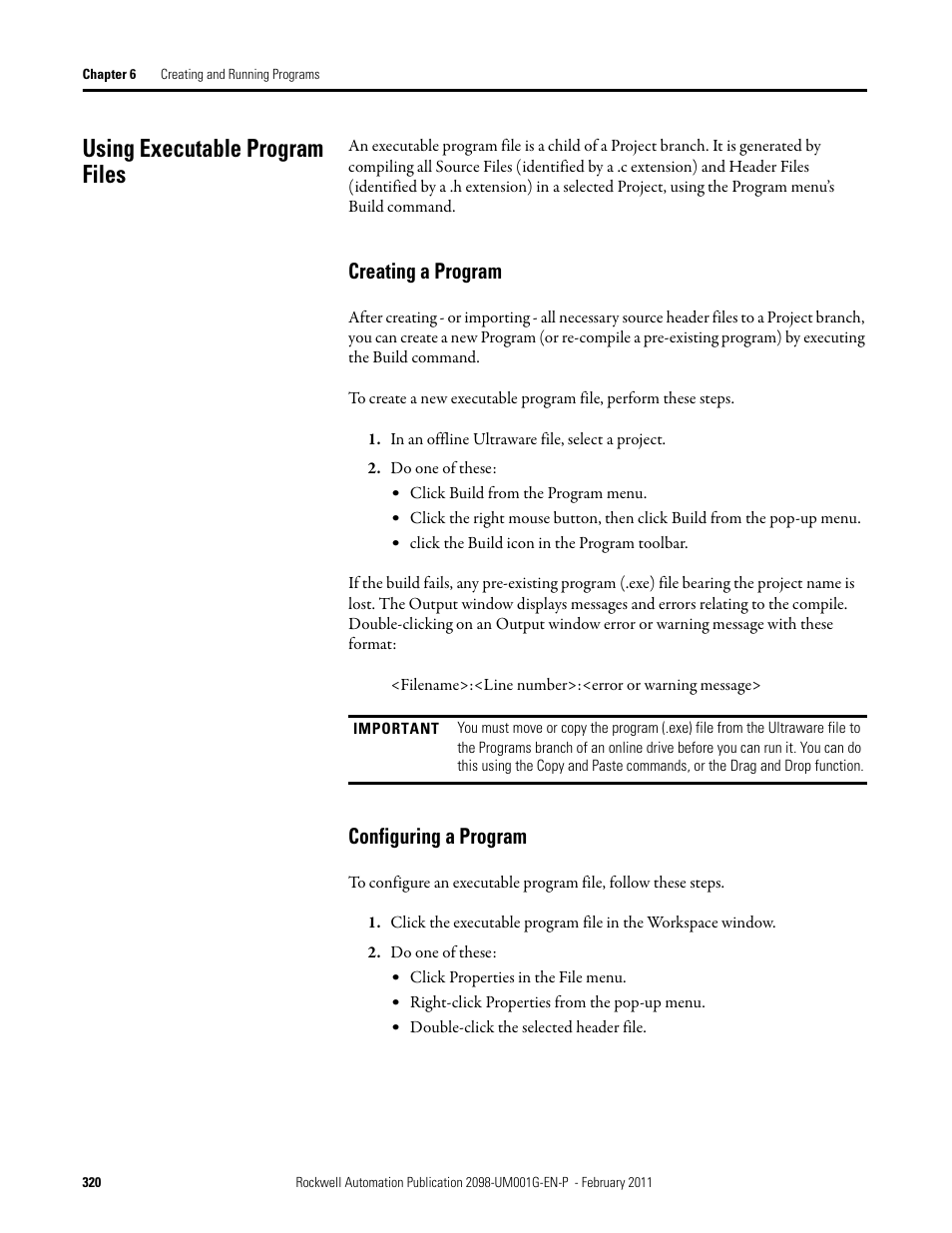 Using executable program files, Creating a program, Configuring a program | Creating a program configuring a program | Rockwell Automation 2098-UWCPRG Ultraware Software User Manual User Manual | Page 318 / 354