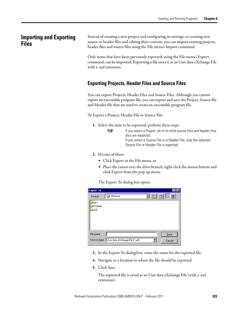 Importing and exporting files, Exporting projects, header files and source files | Rockwell Automation 2098-UWCPRG Ultraware Software User Manual User Manual | Page 321 / 354