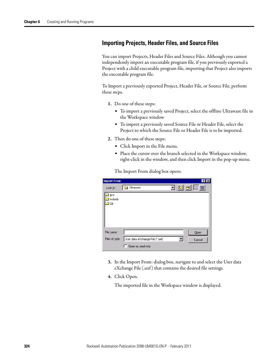 Importing projects, header files, and source files | Rockwell Automation 2098-UWCPRG Ultraware Software User Manual User Manual | Page 322 / 354