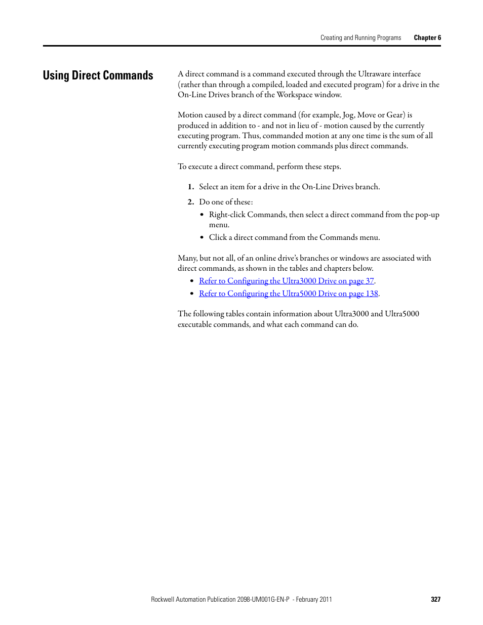 Using direct commands | Rockwell Automation 2098-UWCPRG Ultraware Software User Manual User Manual | Page 325 / 354