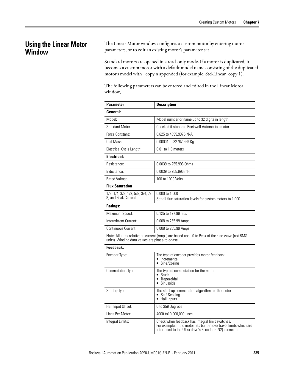 Using the linear motor window | Rockwell Automation 2098-UWCPRG Ultraware Software User Manual User Manual | Page 333 / 354