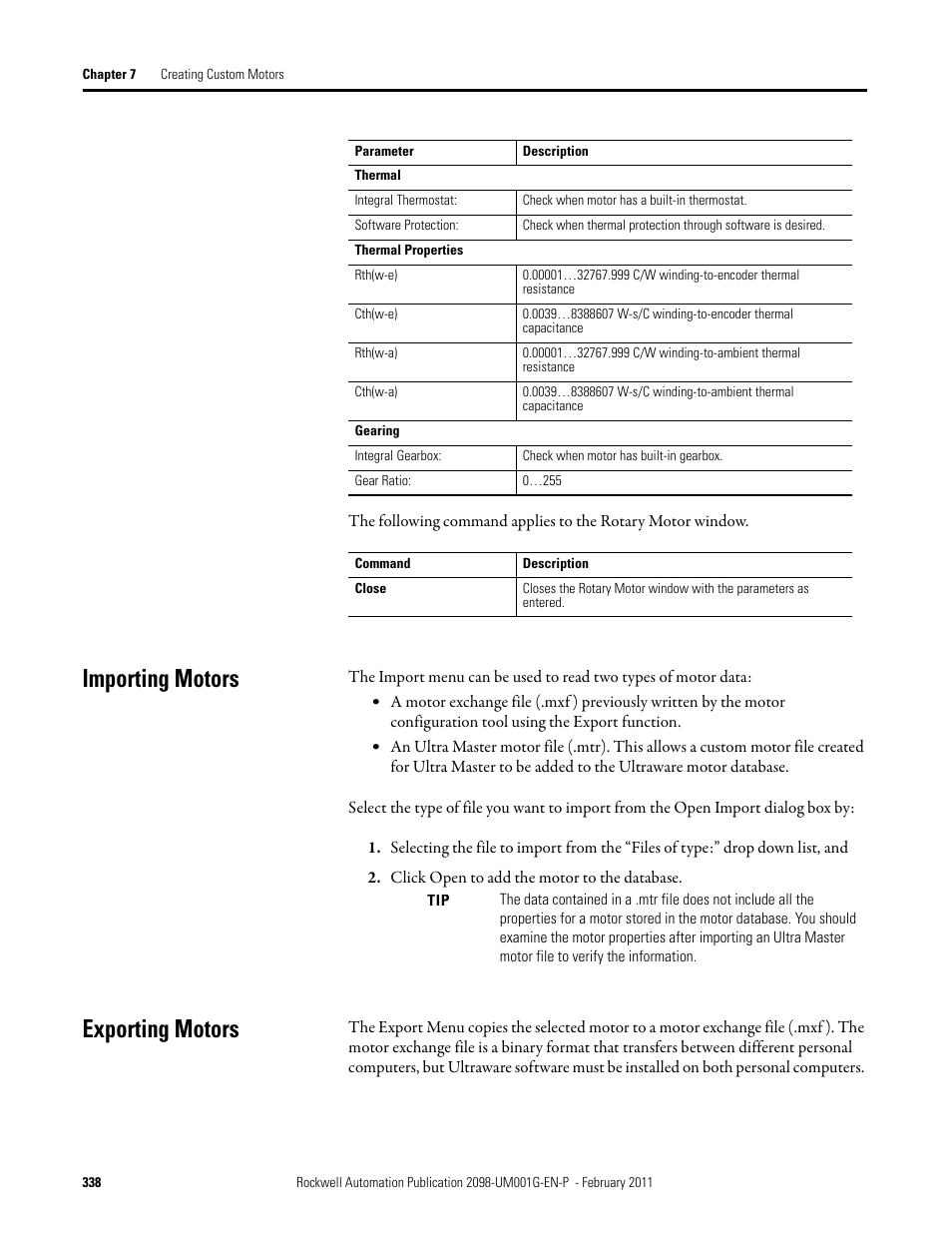 Importing motors, Exporting motors, Importing motors exporting motors | Rockwell Automation 2098-UWCPRG Ultraware Software User Manual User Manual | Page 336 / 354
