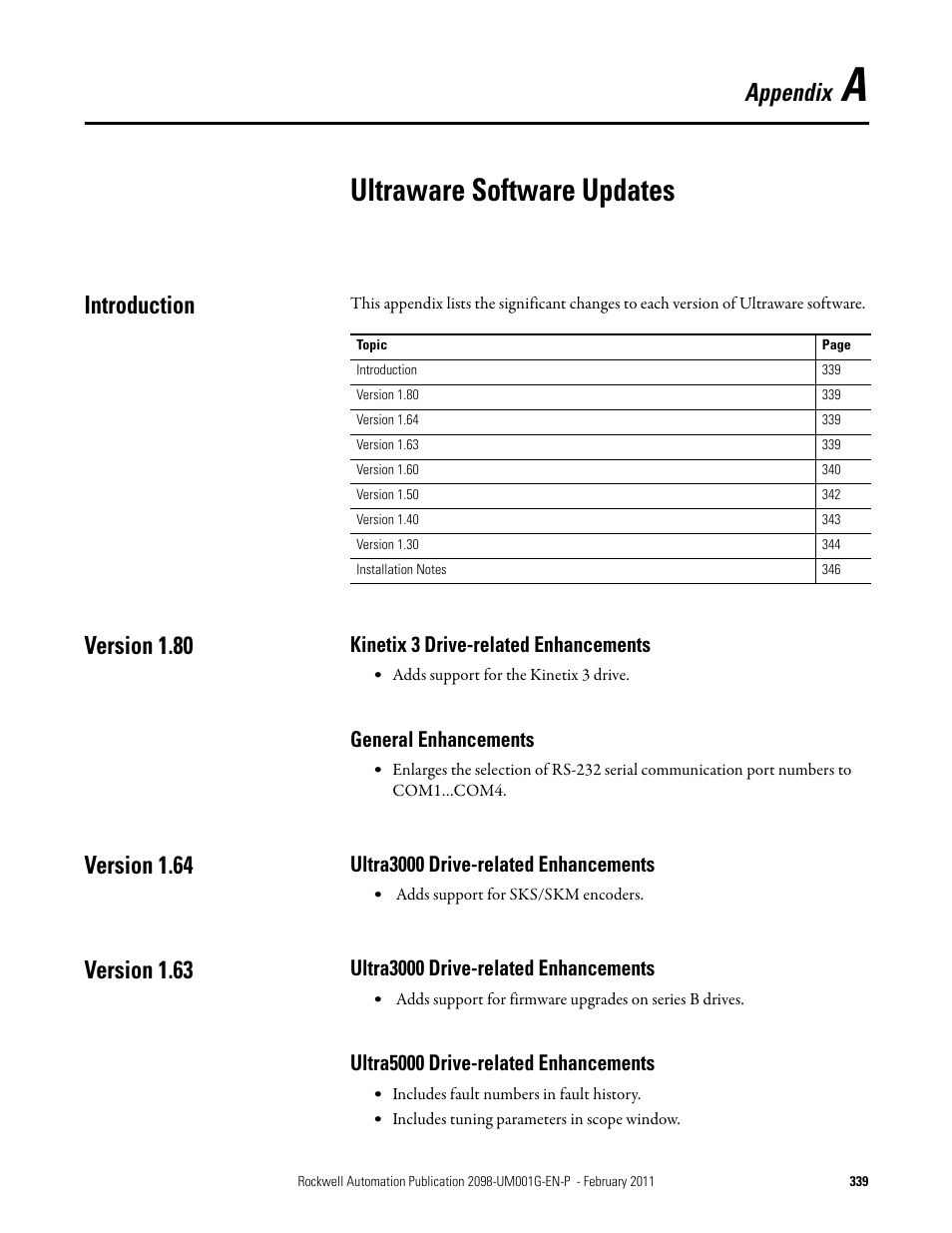 A - ultraware software updates, Introduction, Version 1.80 | Kinetix 3 drive-related enhancements, General enhancements, Version 1.64, Ultra3000 drive-related enhancements, Version 1.63, Ultra5000 drive-related enhancements, Appendix a | Rockwell Automation 2098-UWCPRG Ultraware Software User Manual User Manual | Page 337 / 354