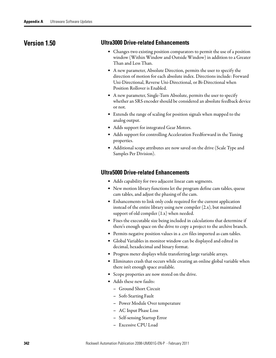 Version 1.50, Ultra3000 drive-related enhancements, Ultra5000 drive-related enhancements | Rockwell Automation 2098-UWCPRG Ultraware Software User Manual User Manual | Page 340 / 354