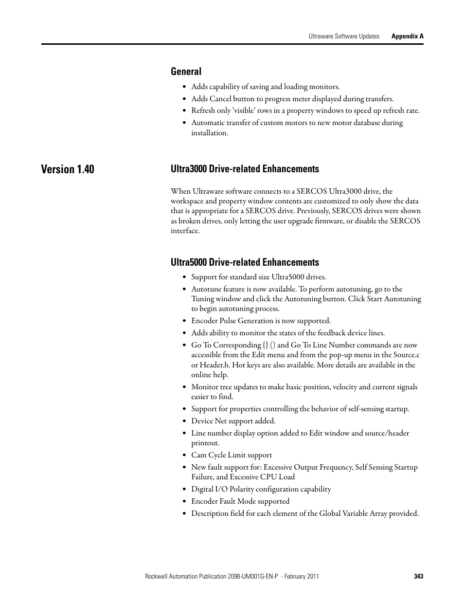 General, Version 1.40, Ultra3000 drive-related enhancements | Ultra5000 drive-related enhancements | Rockwell Automation 2098-UWCPRG Ultraware Software User Manual User Manual | Page 341 / 354