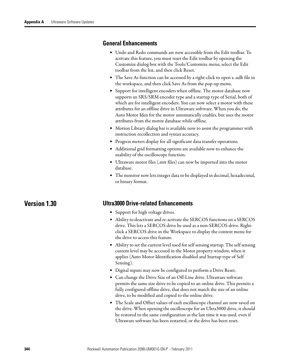 General enhancements, Version 1.30, Ultra3000 drive-related enhancements | Rockwell Automation 2098-UWCPRG Ultraware Software User Manual User Manual | Page 342 / 354