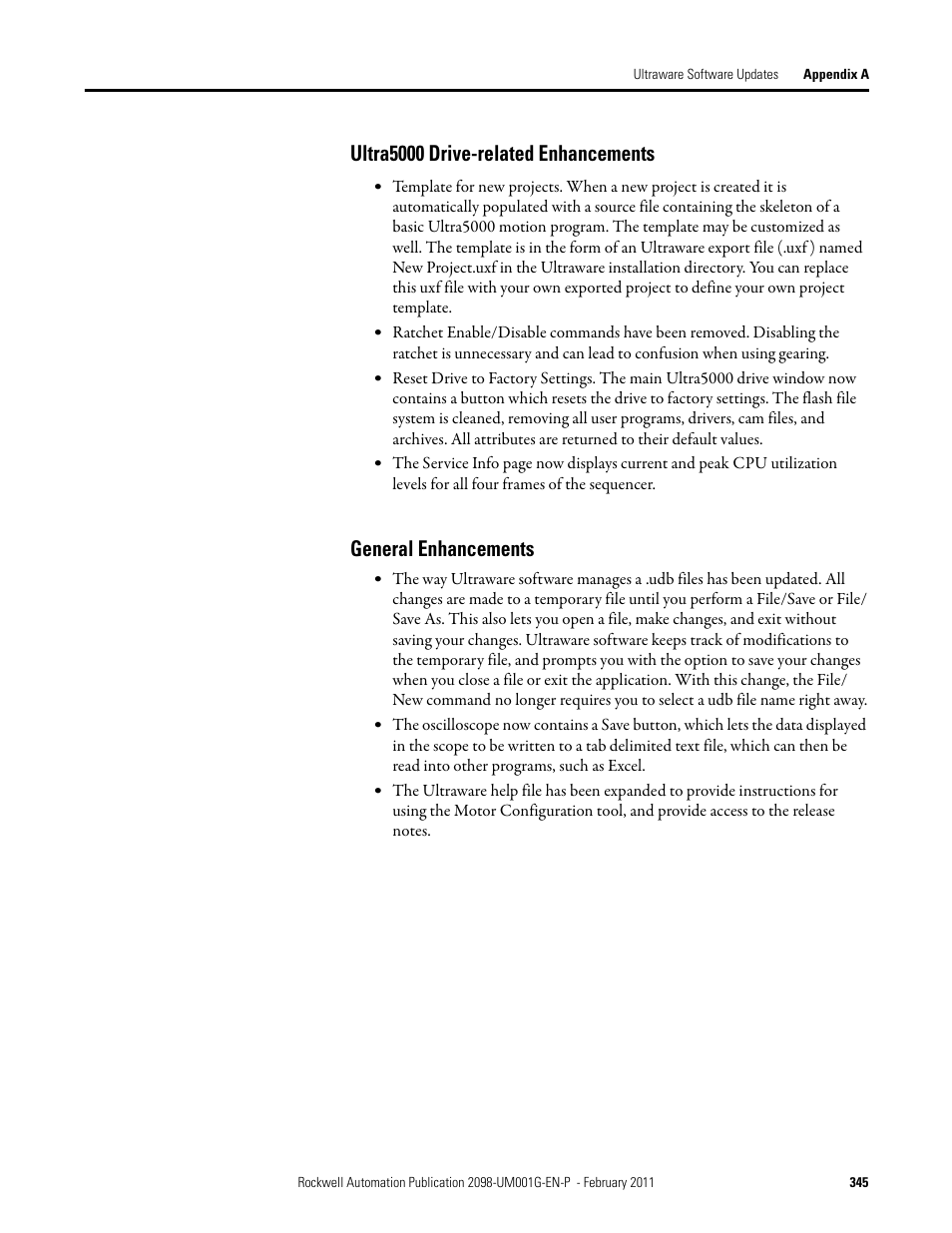 Ultra5000 drive-related enhancements, General enhancements | Rockwell Automation 2098-UWCPRG Ultraware Software User Manual User Manual | Page 343 / 354