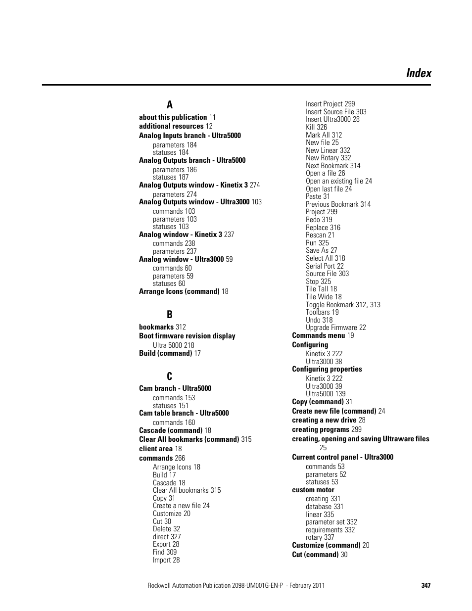 Index | Rockwell Automation 2098-UWCPRG Ultraware Software User Manual User Manual | Page 345 / 354