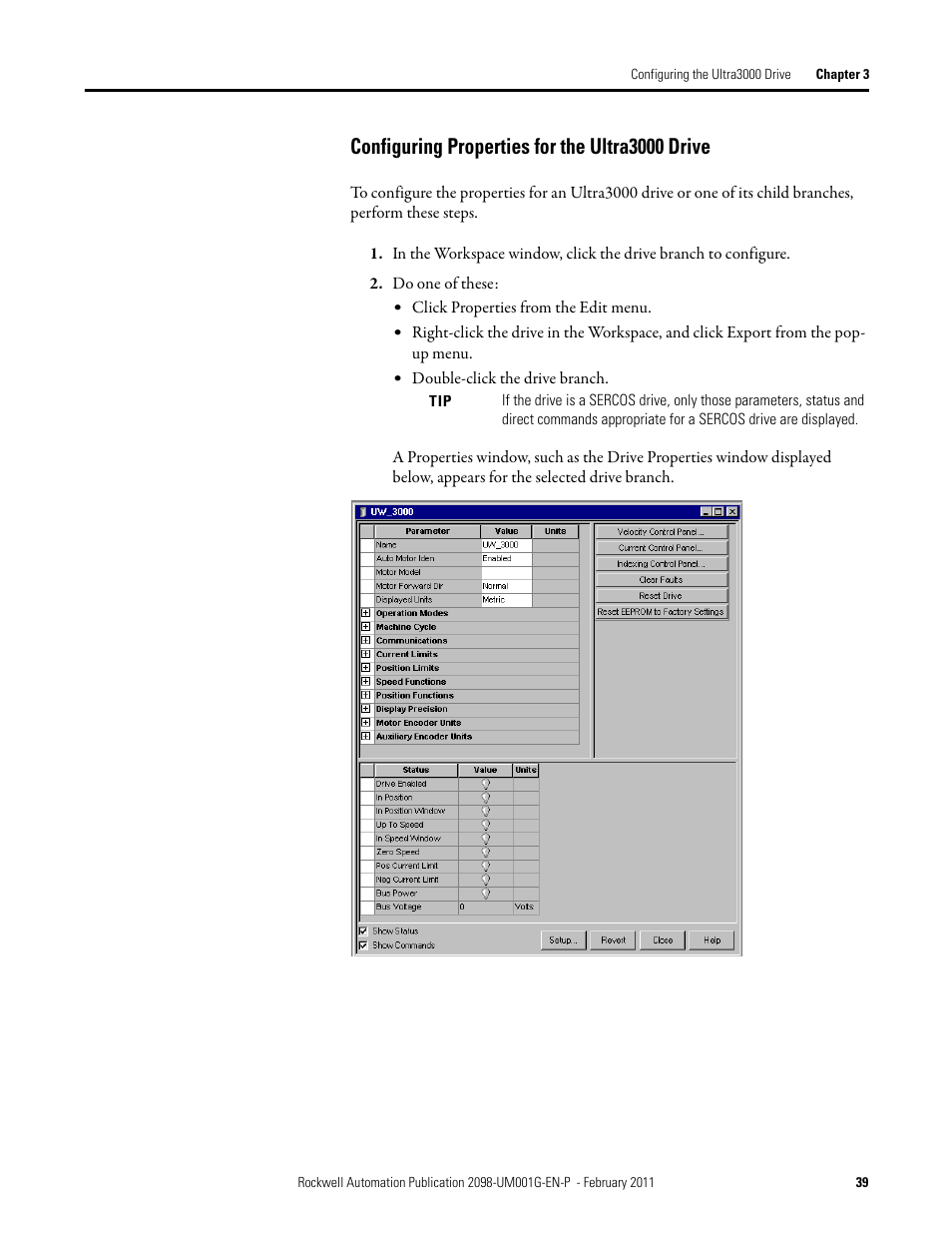 Configuring properties for the ultra3000 drive | Rockwell Automation 2098-UWCPRG Ultraware Software User Manual User Manual | Page 37 / 354