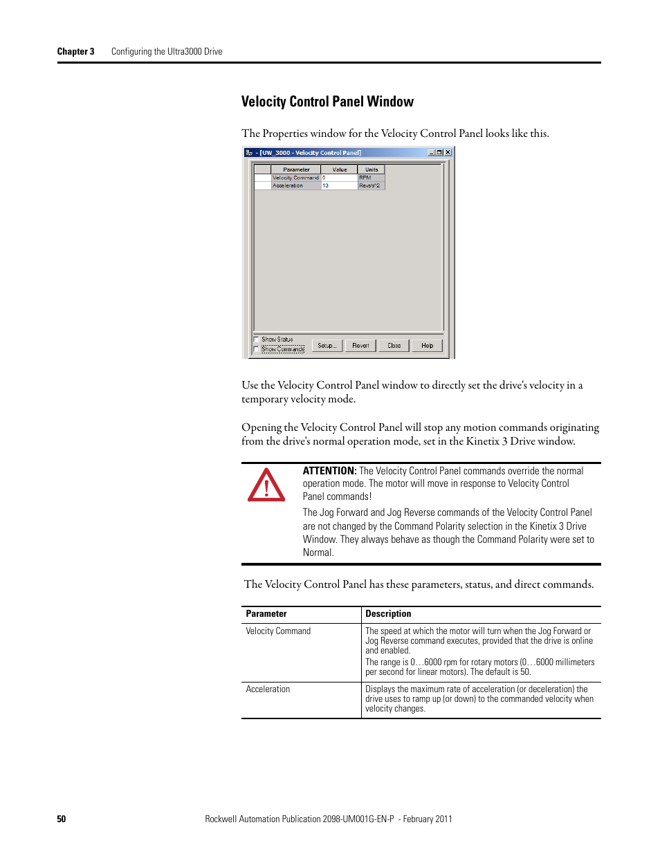 Velocity control panel window | Rockwell Automation 2098-UWCPRG Ultraware Software User Manual User Manual | Page 48 / 354