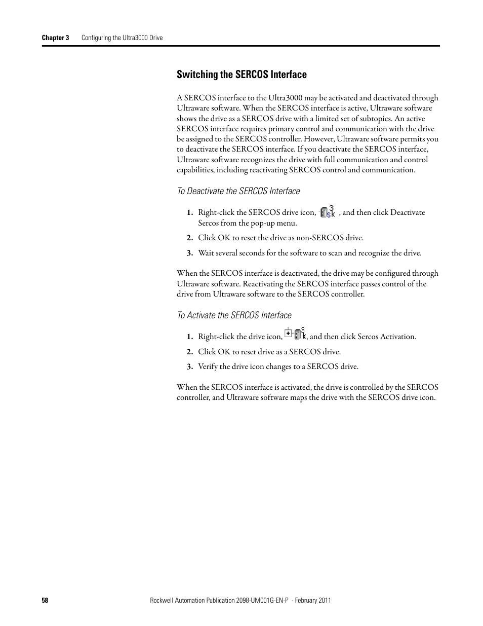 Switching the sercos interface, To deactivate the sercos interface, To activate the sercos interface | Rockwell Automation 2098-UWCPRG Ultraware Software User Manual User Manual | Page 56 / 354