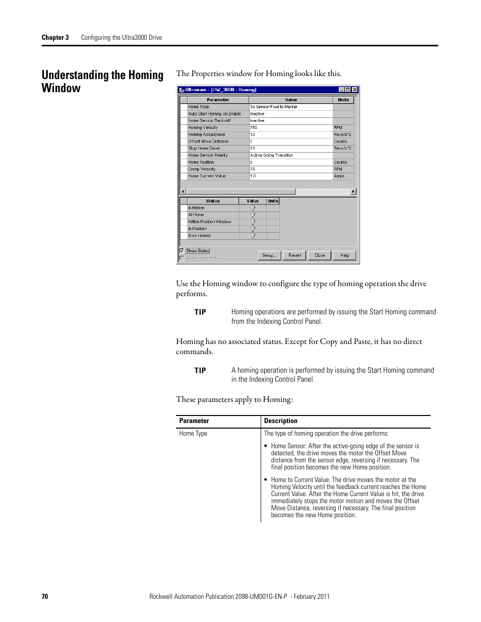 Understanding the homing window | Rockwell Automation 2098-UWCPRG Ultraware Software User Manual User Manual | Page 68 / 354