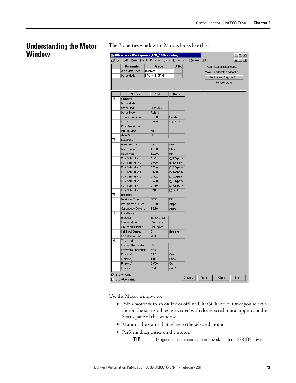 Understanding the motor window | Rockwell Automation 2098-UWCPRG Ultraware Software User Manual User Manual | Page 71 / 354