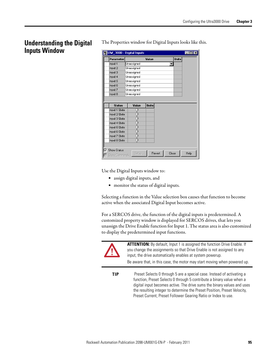 Understanding the digital inputs window | Rockwell Automation 2098-UWCPRG Ultraware Software User Manual User Manual | Page 93 / 354