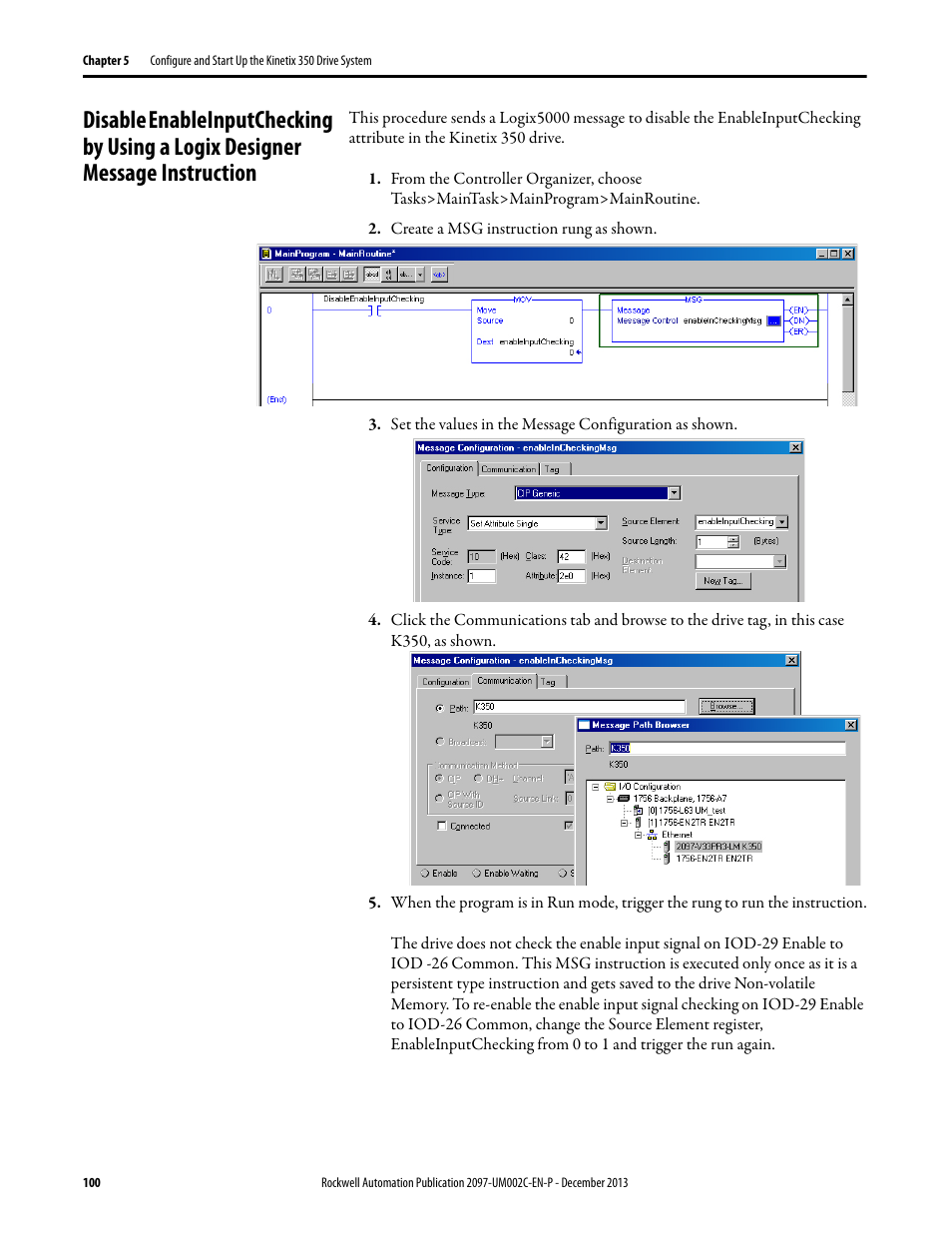 Disable enableinputchecking by using a logix, Designer message instruction, E on | Rockwell Automation 2097-Vxxx Kinetix 350 Single-axis EtherNet/IP Servo Drive User Manual User Manual | Page 100 / 156