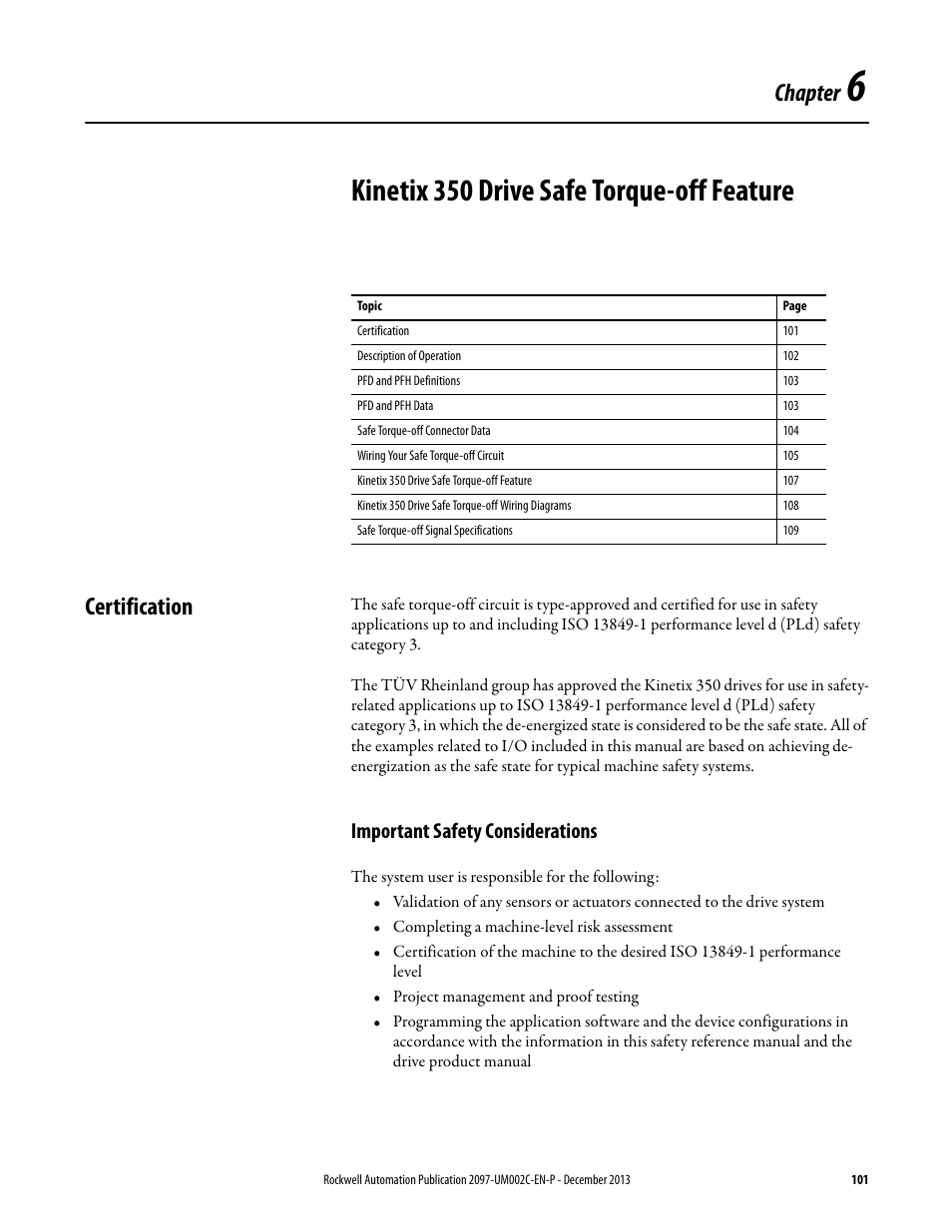 Certification, Important safety considerations, Chapter 6 | Kinetix 350 drive safe torque-off feature, Chapter | Rockwell Automation 2097-Vxxx Kinetix 350 Single-axis EtherNet/IP Servo Drive User Manual User Manual | Page 101 / 156