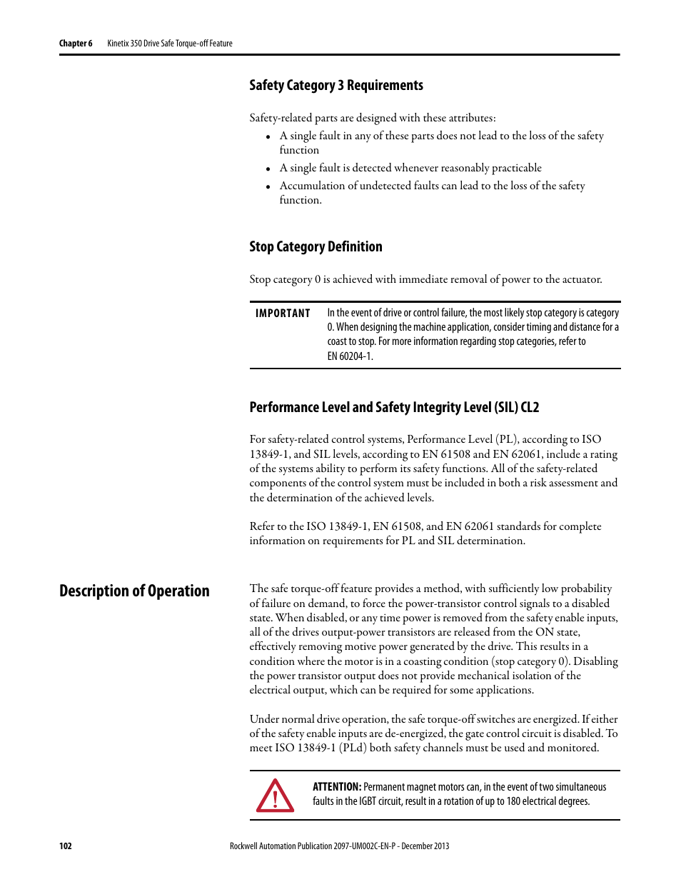 Safety category 3 requirements, Stop category definition, Description of operation | Rockwell Automation 2097-Vxxx Kinetix 350 Single-axis EtherNet/IP Servo Drive User Manual User Manual | Page 102 / 156