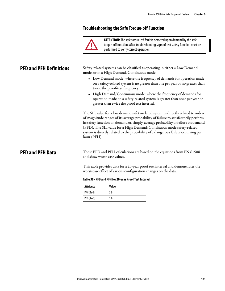 Troubleshooting the safe torque-off function, Pfd and pfh definitions, Pfd and pfh data | Pfd and pfh definitions pfd and pfh data | Rockwell Automation 2097-Vxxx Kinetix 350 Single-axis EtherNet/IP Servo Drive User Manual User Manual | Page 103 / 156