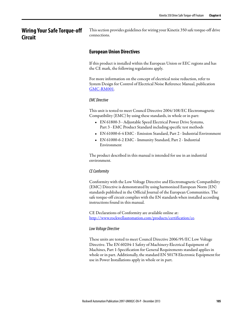 Wiring your safe torque-off circuit, European union directives | Rockwell Automation 2097-Vxxx Kinetix 350 Single-axis EtherNet/IP Servo Drive User Manual User Manual | Page 105 / 156