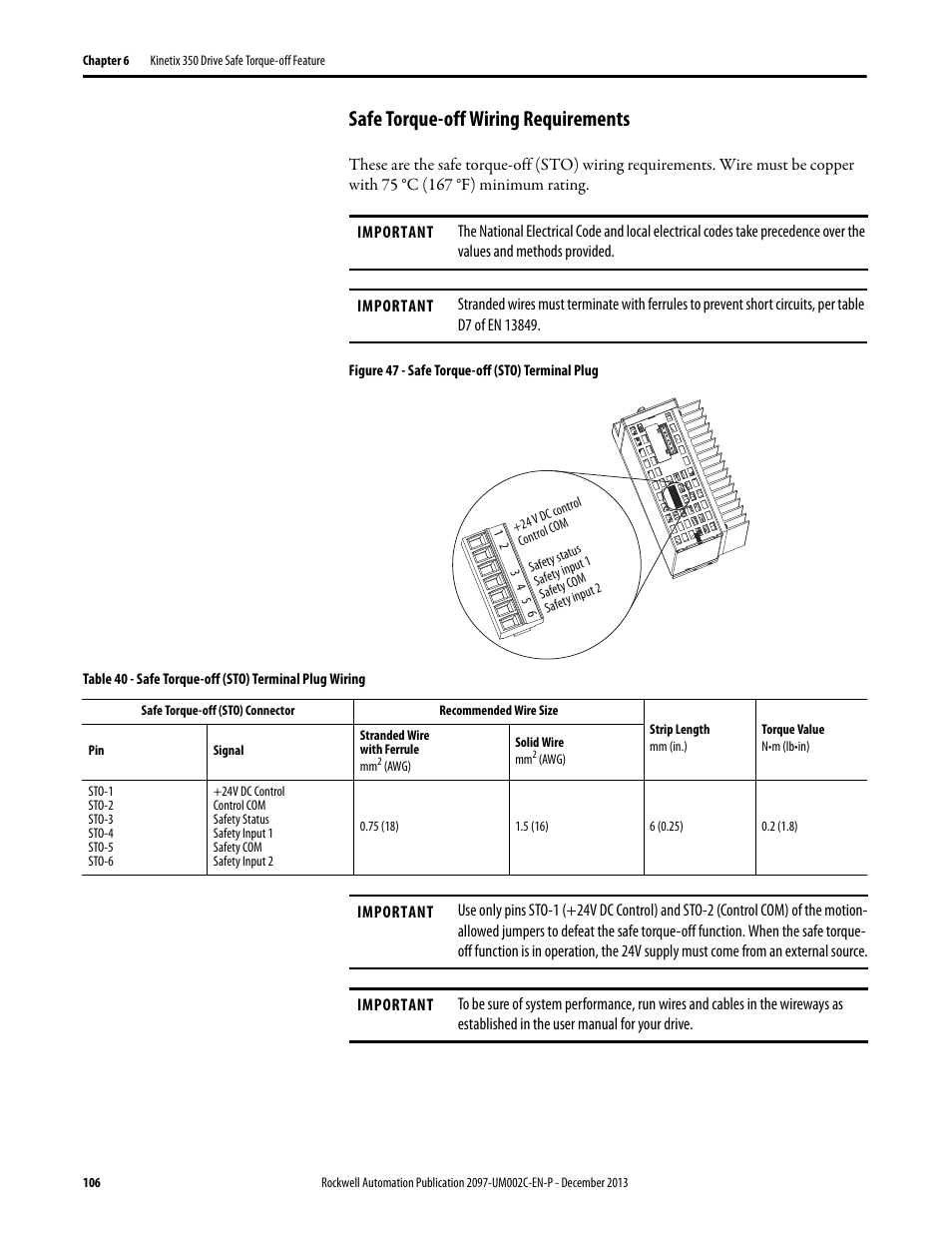 Safe torque-off wiring requirements | Rockwell Automation 2097-Vxxx Kinetix 350 Single-axis EtherNet/IP Servo Drive User Manual User Manual | Page 106 / 156