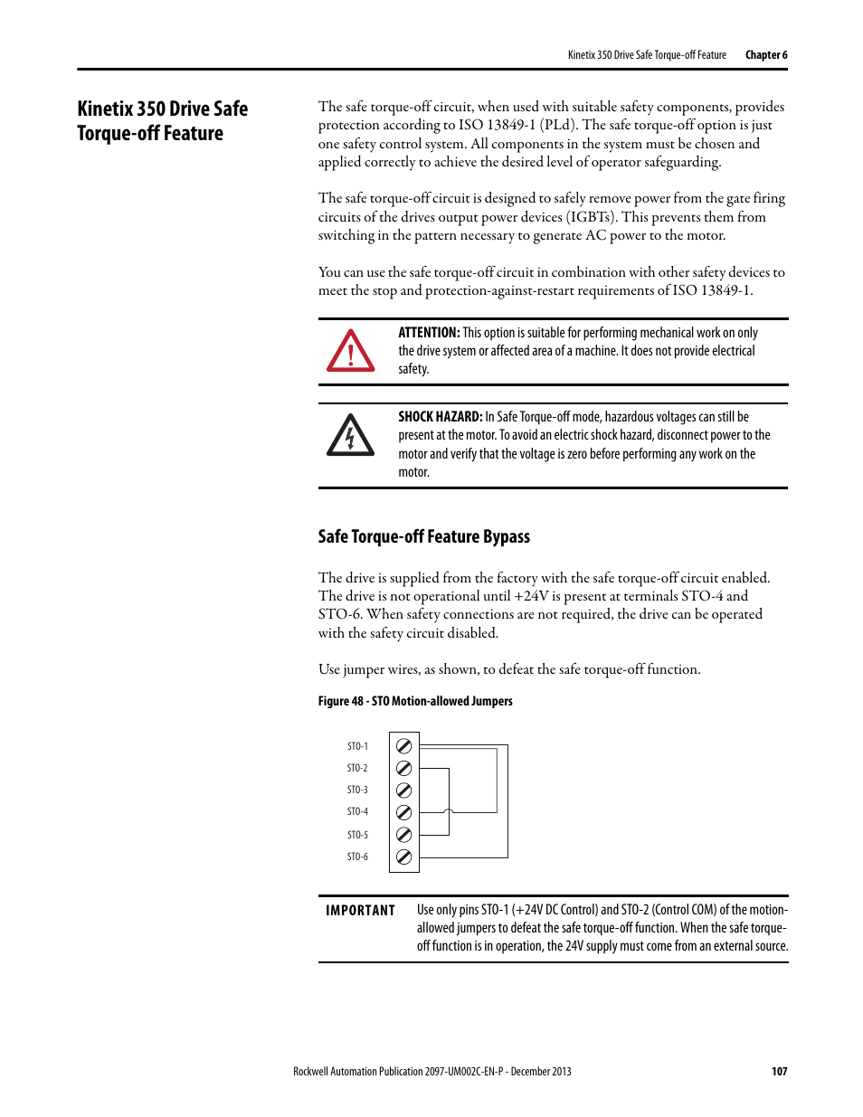 Kinetix 350 drive safe torque-off feature, Safe torque-off feature bypass, Safe | Torque-off feature bypass | Rockwell Automation 2097-Vxxx Kinetix 350 Single-axis EtherNet/IP Servo Drive User Manual User Manual | Page 107 / 156