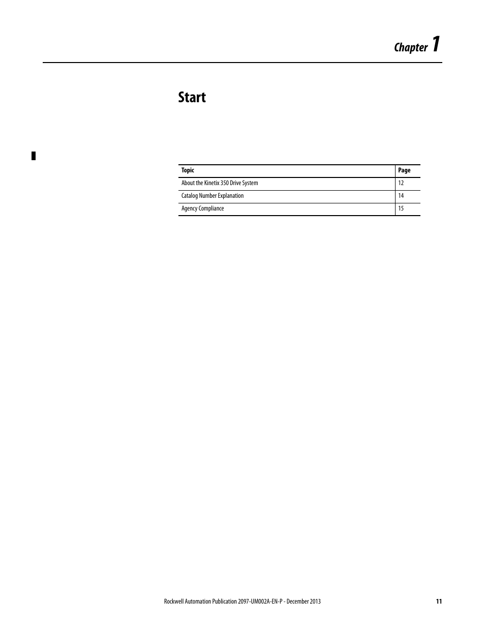 Chapter 1 - start, Chapter 1, Start | Chapter | Rockwell Automation 2097-Vxxx Kinetix 350 Single-axis EtherNet/IP Servo Drive User Manual User Manual | Page 11 / 156