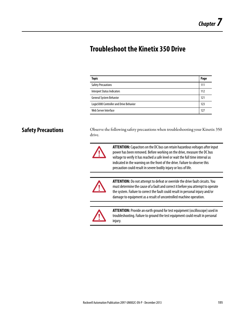 Chapter 7 - troubleshoot the kinetix 350 drive, Safety precautions, Chapter 7 | Troubleshoot the kinetix 350 drive, Chapter | Rockwell Automation 2097-Vxxx Kinetix 350 Single-axis EtherNet/IP Servo Drive User Manual User Manual | Page 111 / 156