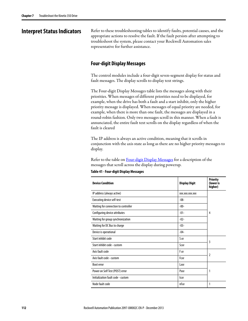 Interpret status indicators, Four-digit display messages | Rockwell Automation 2097-Vxxx Kinetix 350 Single-axis EtherNet/IP Servo Drive User Manual User Manual | Page 112 / 156